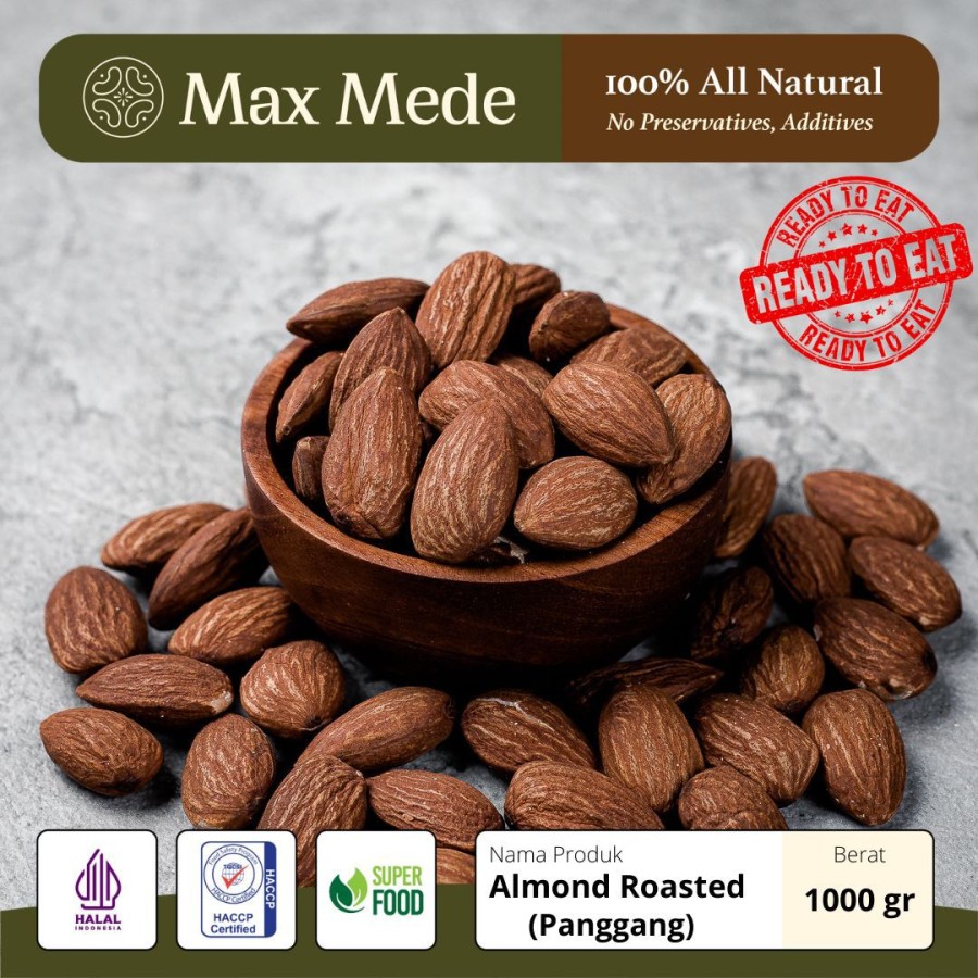 SIAP MAKAN! Kacang Almond Panggang Utuh PREMIUM Grade - 1 KG (Roasted Whole Almond Nuts)