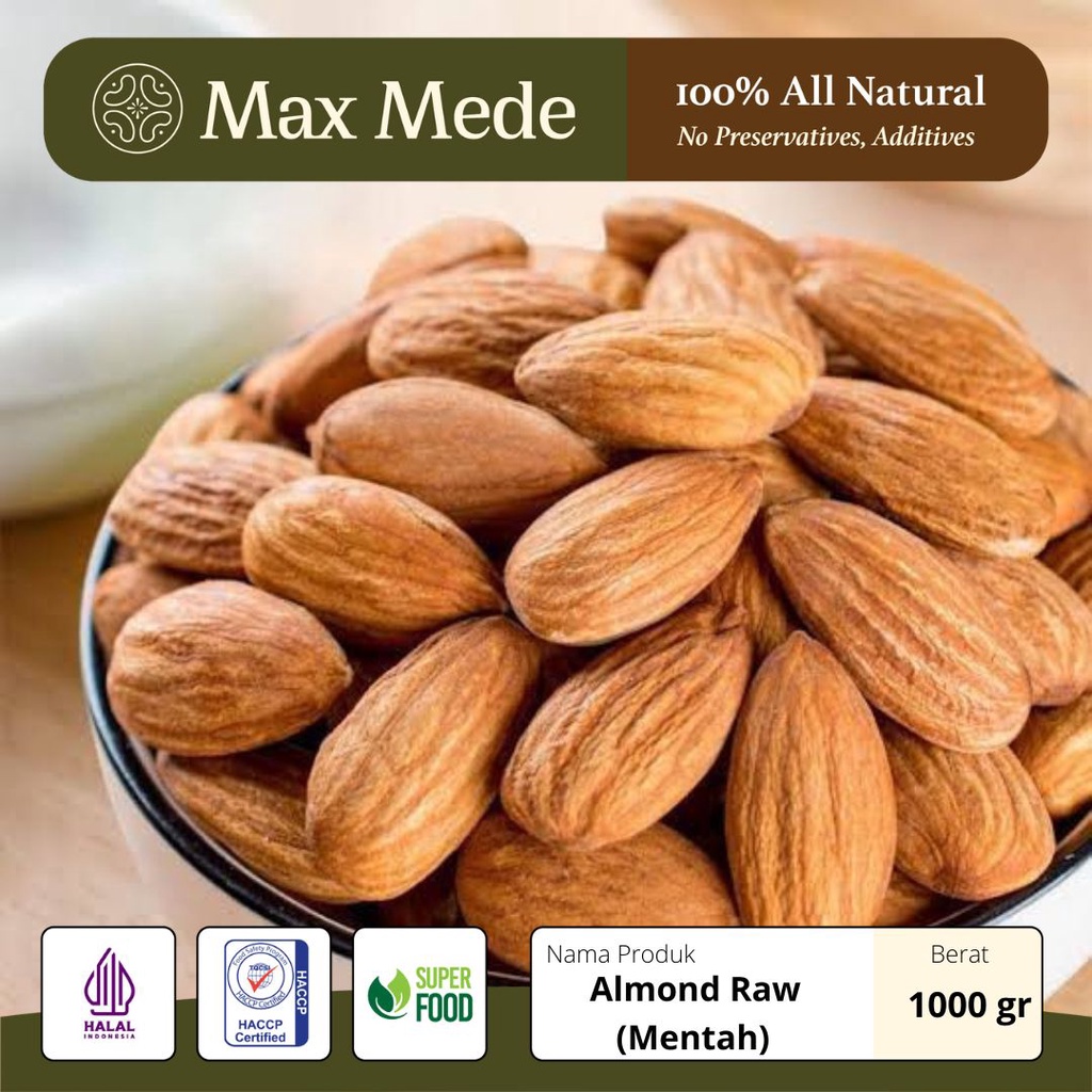 Kacang Almond Mentah Kupas Natural Utuh PREMIUM Grade NPX  - 1 KG (Raw Whole Almond Nuts)